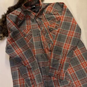 The North Face Gray and Orange Plaid Shirt